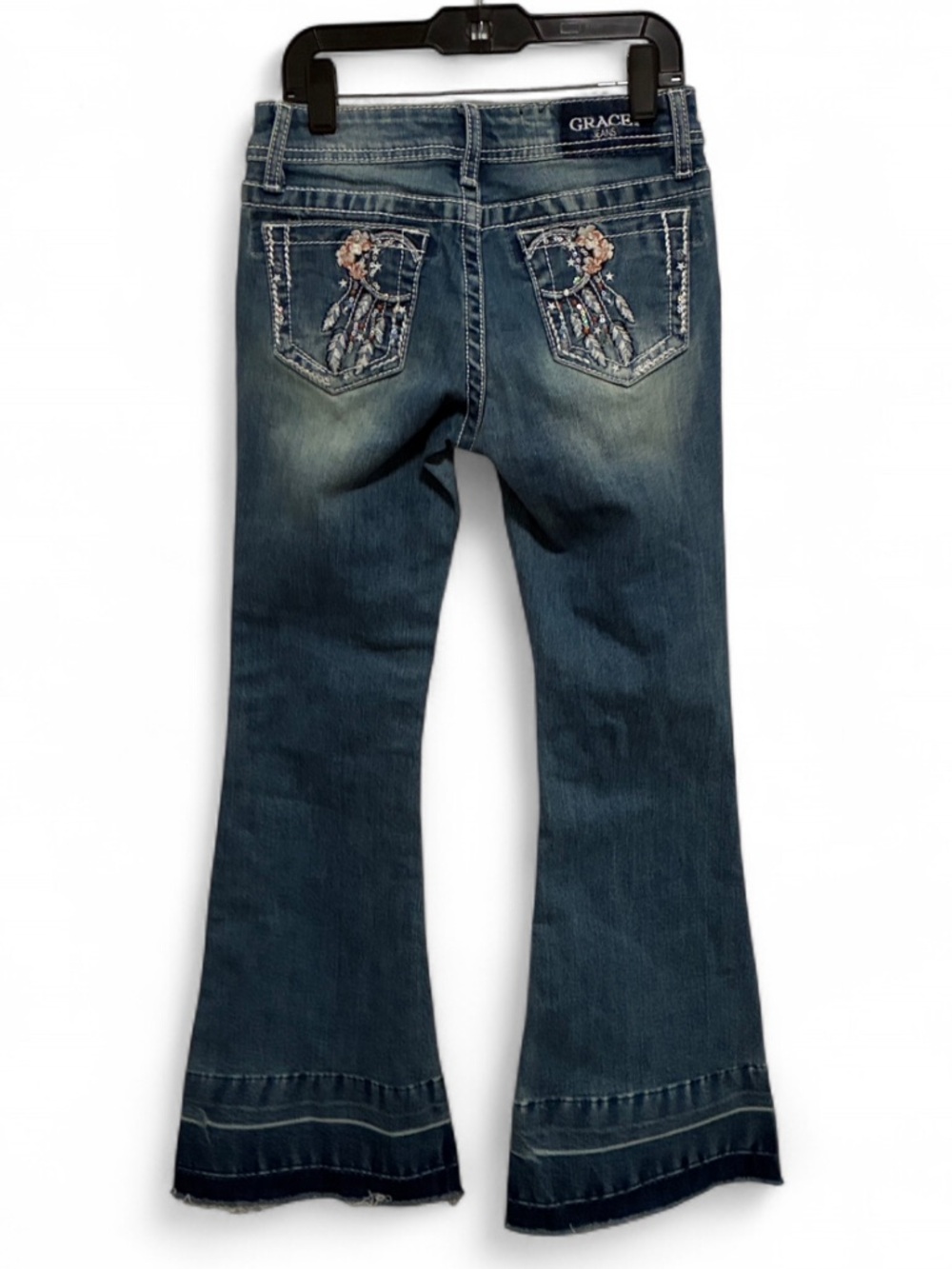 Grace in LA Moon Feather Embellished Back Pockets Blue Flared Jeans